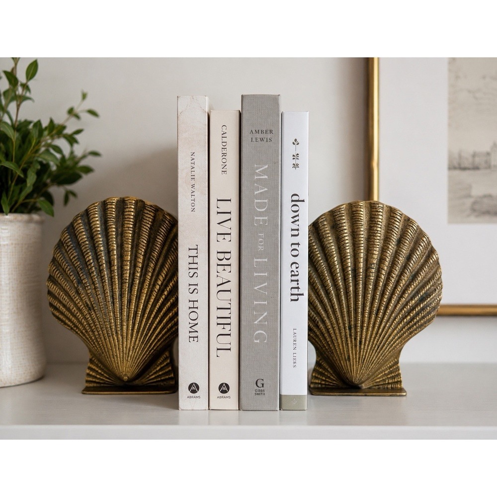 Vintage Brass Seashell Bookends Pair Coastal Nautical Clamshell Shelf Decor